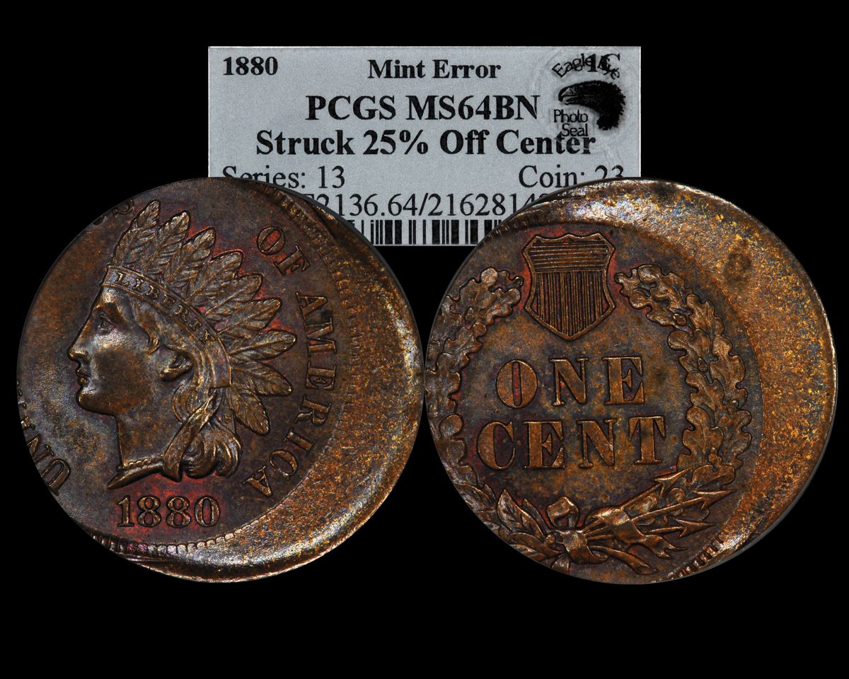 1880 Indian Head penny off-center strike error showing partial blank crescent and shifted design