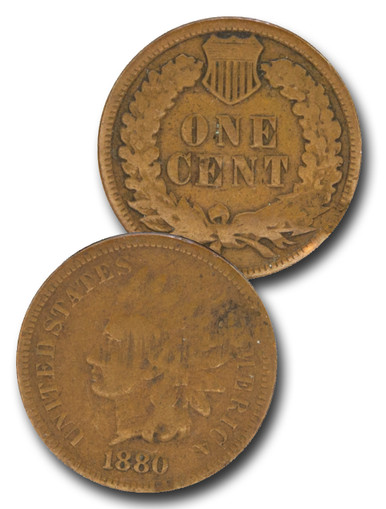 1880 Indian Head penny clipped planchet error showing a curved bite missing from the coin's edge
