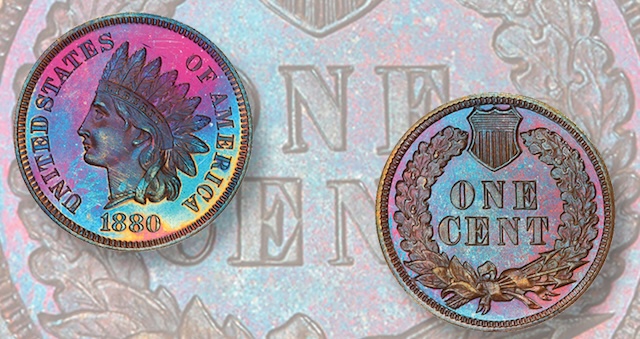 1880 Indian Head penny grading strip showing four condition tiers from worn (Good) to gem Uncirculated